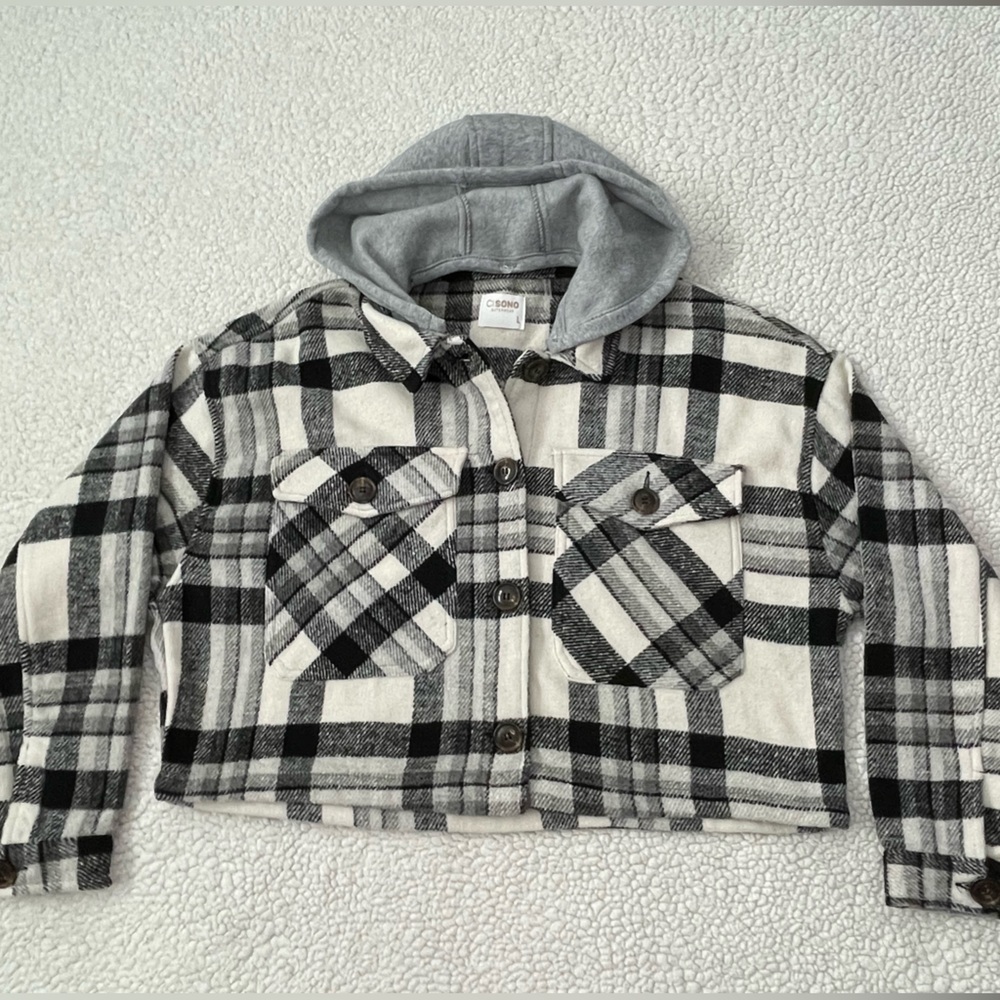 Hooded black & white plaid jacket
